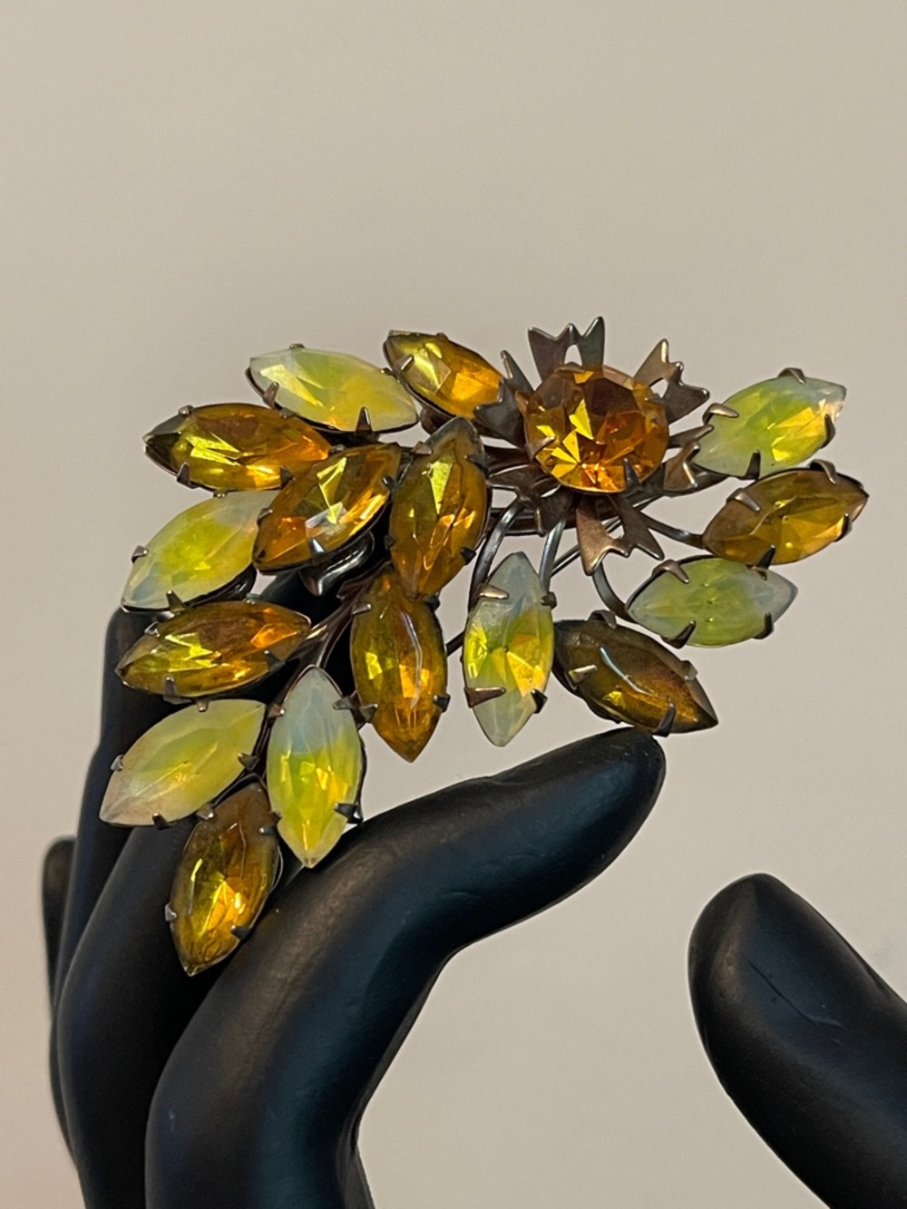 Vintage Multi-Layered Floral Spray Topaz & Yellow Cat’s Eye Rhinestone Brooch